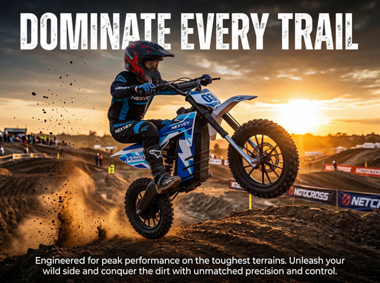 Blue Nexvey Spark 03 youth electric dirt bike jumping on a professional motocross track at sunset, featuring the "Dominate Every Trail" slogan