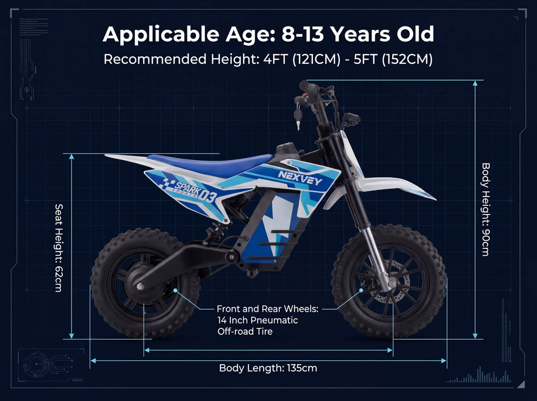 Nexvey Spark 03 sizing chart: Applicable age 8-13 years old, 62cm seat height, 135cm body length, and 14 inch pneumatic off-road tires