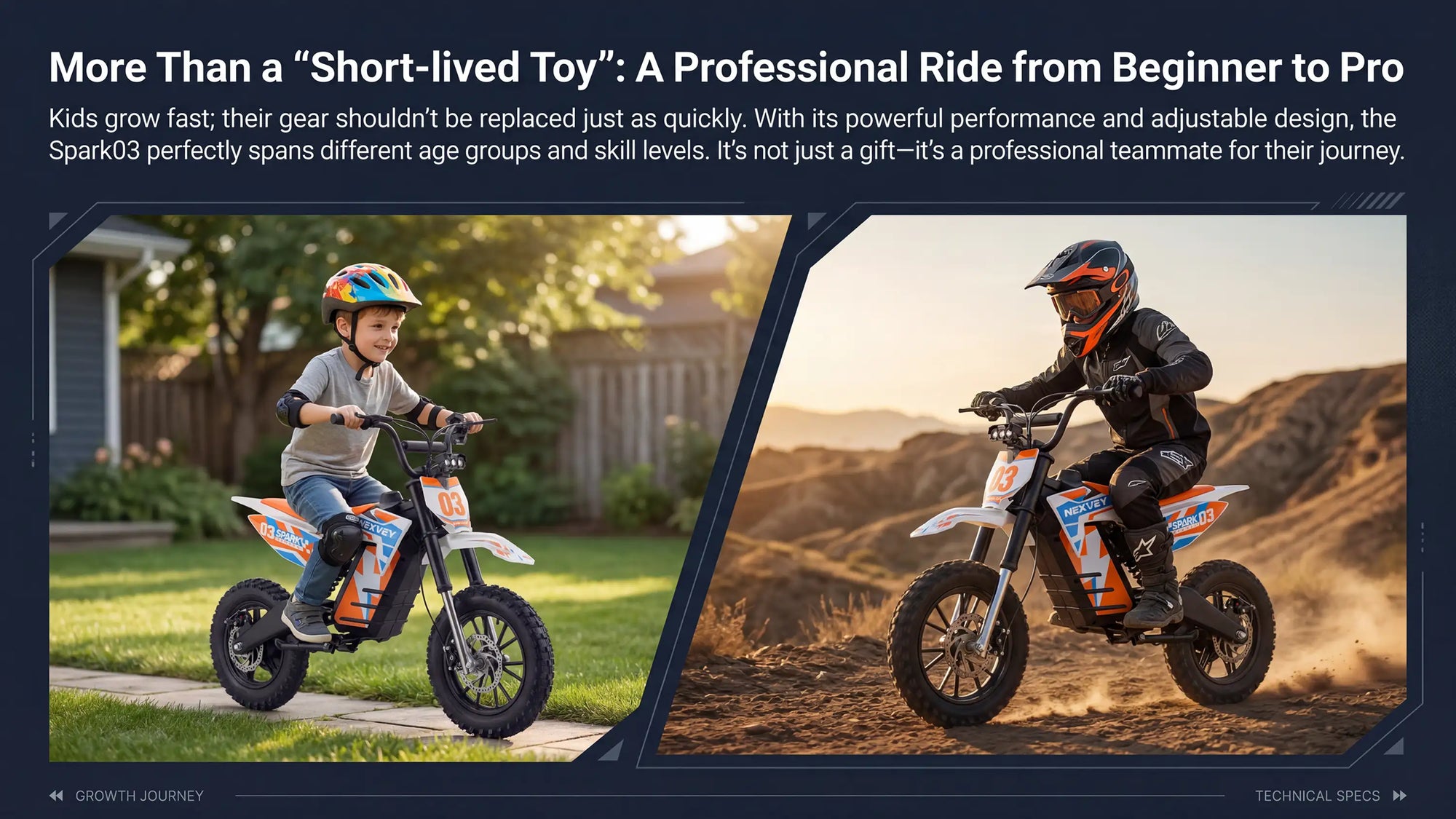 Comparison showing NEXVEY Spark 03 electric dirt bike suitable for both young beginners in backyards and older pro riders on off-road trails