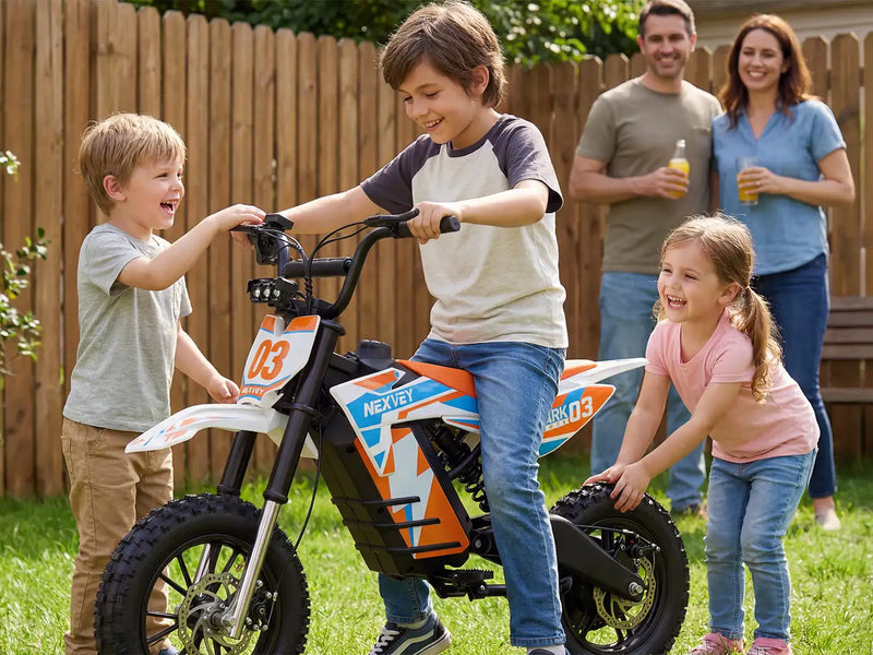 A young boy riding the NEXVEY SPARK 03 electric dirt bike on a dusty off-road trail, showcasing its powerful performance and rugged tires for all-terrain adventure