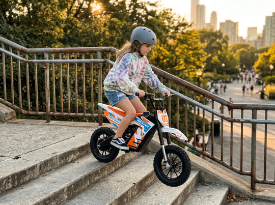 A young girl in a helmet and tie-dye hoodie riding an orange NEXVEY SPARK 03 electric dirt bike down concrete stairs in an urban park at sunset