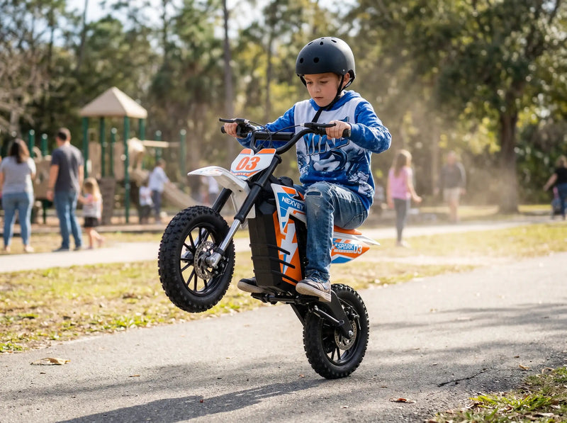 Young boy performing a wheelie stunt on a NEXVEY Spark 03 mini electric dirt bike at a sunny park, showing high power and balance for advanced young riders