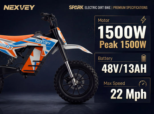 Orange Nexvey Spark 03 electric dirt bike premium specifications: Peak 1500W motor, 48V 13Ah battery, and 22 Mph max speed