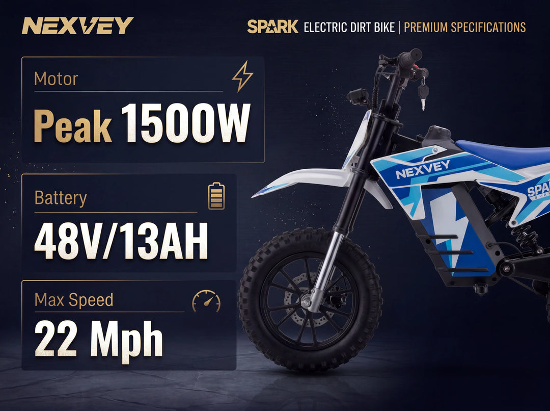 Nexvey Spark Electric Dirt Bike specifications: Peak 1500W motor, 48V 13Ah battery, and 22 Mph max speed