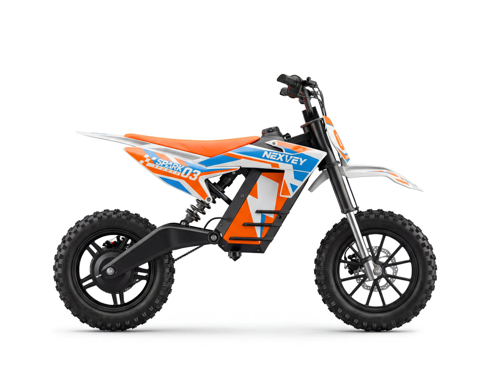range and blue Nexvey Spark 03 electric dirt bike for kids, side view on a white background